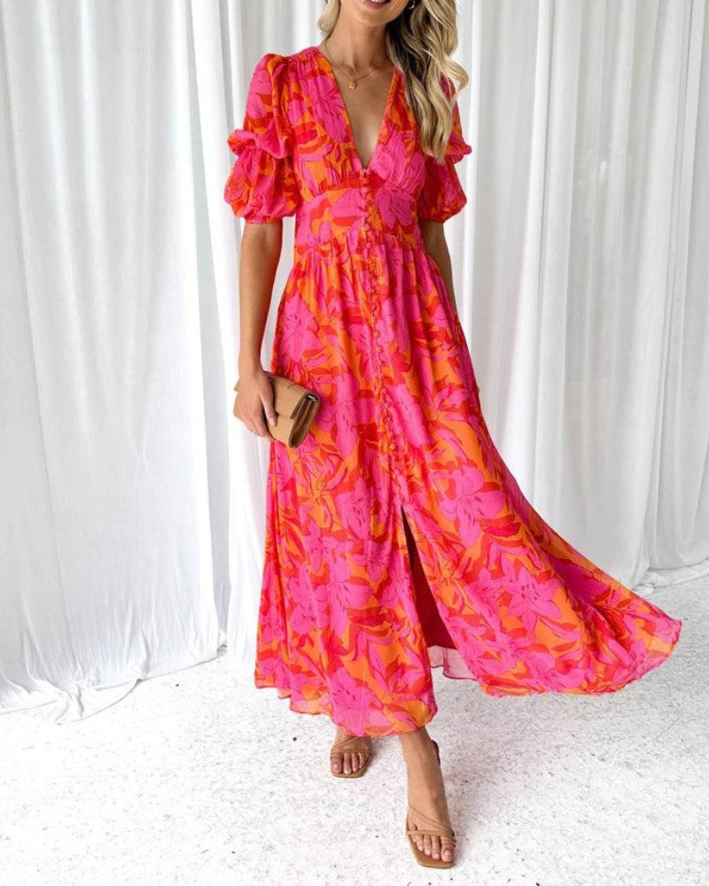 Clara – Zeitloses V-Ausschnitt-Maxikleid mit schicken Puffärmeln - Rot - Maxi Dress - Concept Fashionlab