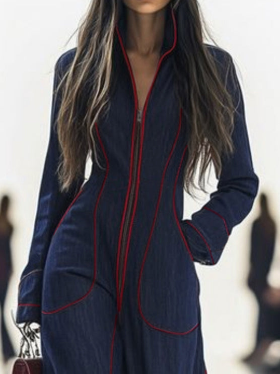 Overall mit Langarm, weitem Bein, Reißverschluss und Stehkragen - - Jumpsuits - Concept Fashionlab