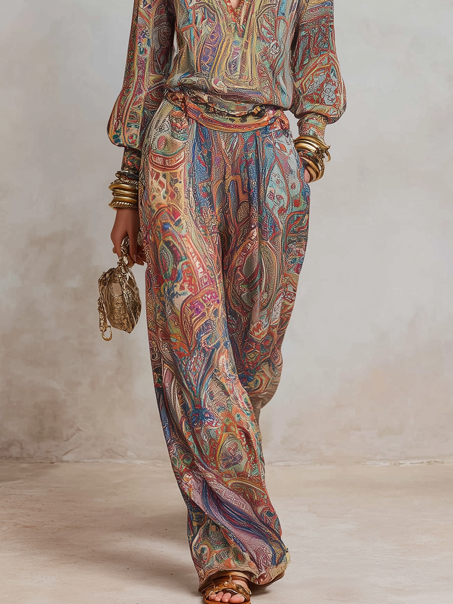 Exquisiter Paisley-Muster-Hosenanzug mit weitem Bein - - Set - Concept Fashionlab