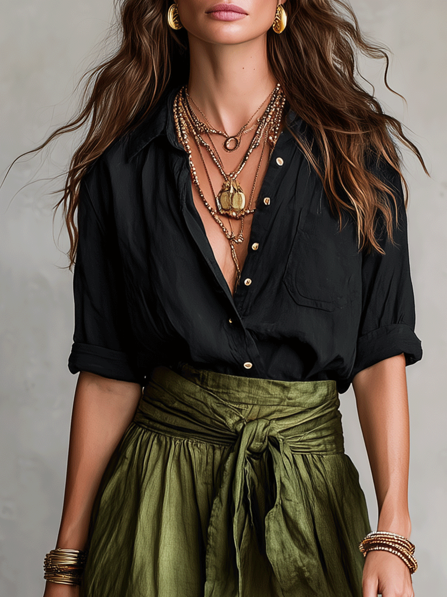 Müheloser Boho-Look: Schwarze Bluse und olivgrüner Satin-Midi-Rock im Set - - Blouse - Concept Fashionlab