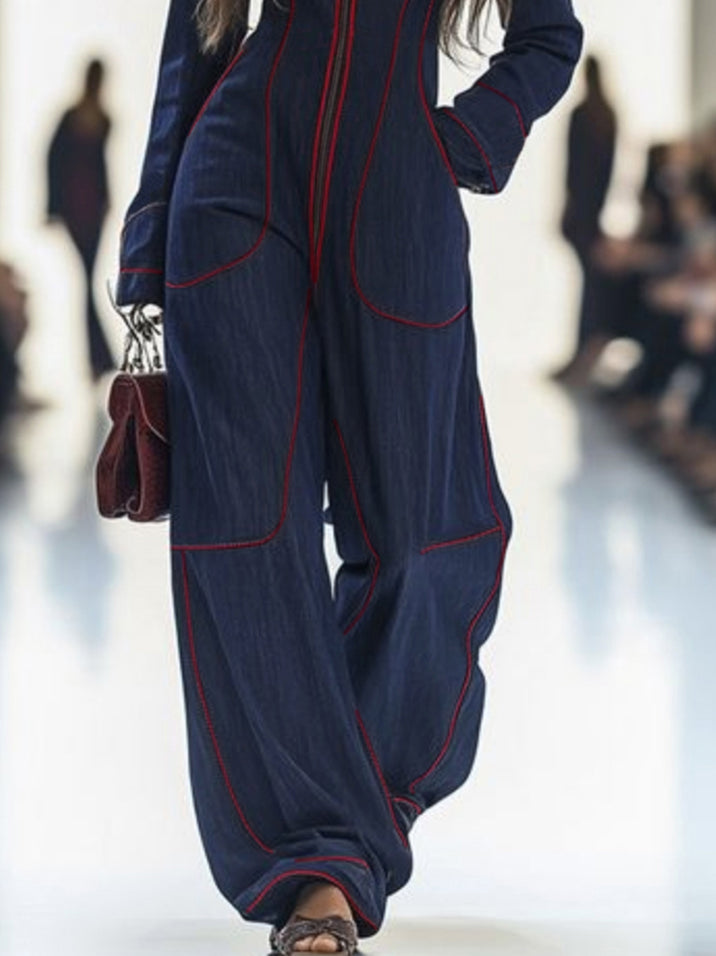 Overall mit Langarm, weitem Bein, Reißverschluss und Stehkragen - - Jumpsuits - Concept Fashionlab