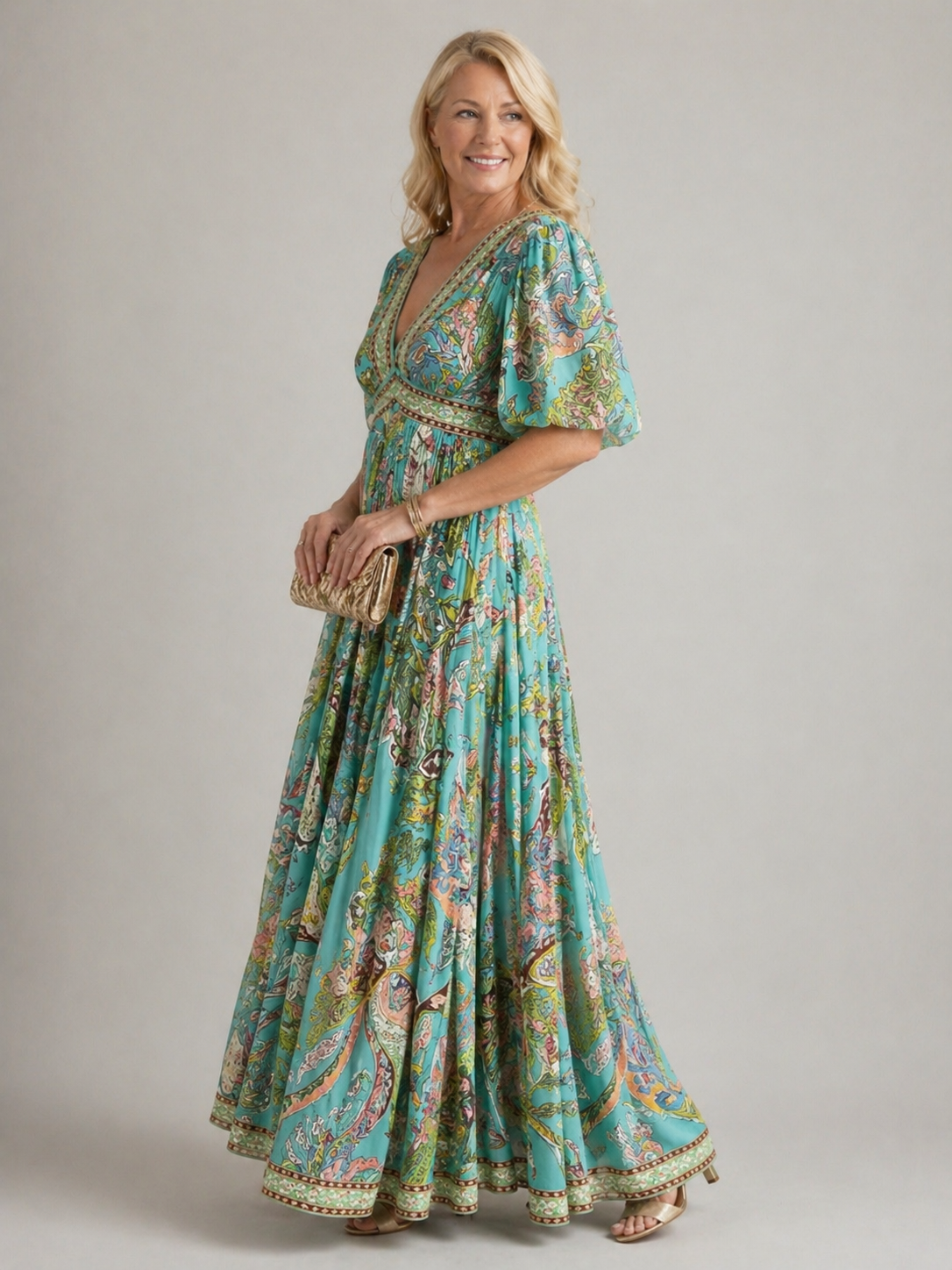 Luftiges Maxikleid mit Puffärmeln und V-Ausschnitt - - voor vrouwen - DUUWE