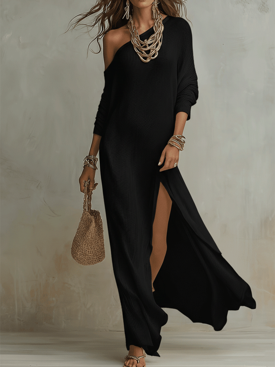 Boho-Einschulter-Maxikleid mit Textur in zartem Elfenbein - - Maxi Dress - Concept Fashionlab