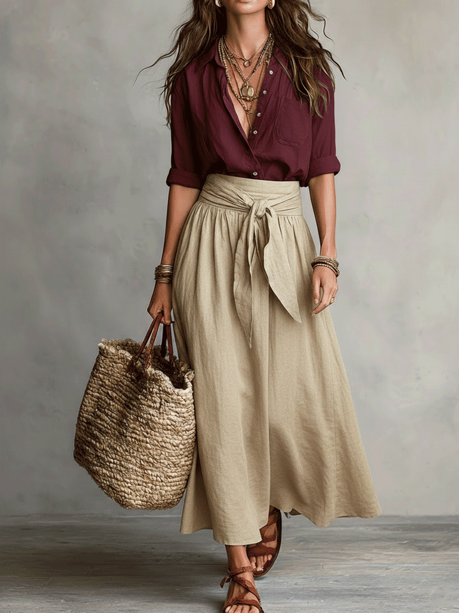 Müheloser Boho-Look: Schwarze Bluse und olivgrüner Satin-Midi-Rock im Set - Rot - Blouse - Concept Fashionlab