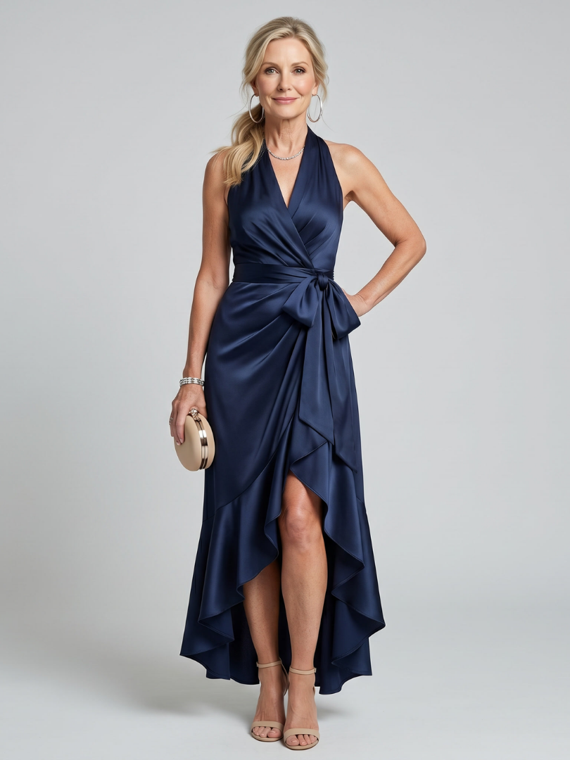 Honora | Neckholder-Wickelkleid mit asymmetrischem Saum - Marine - - DUUWE