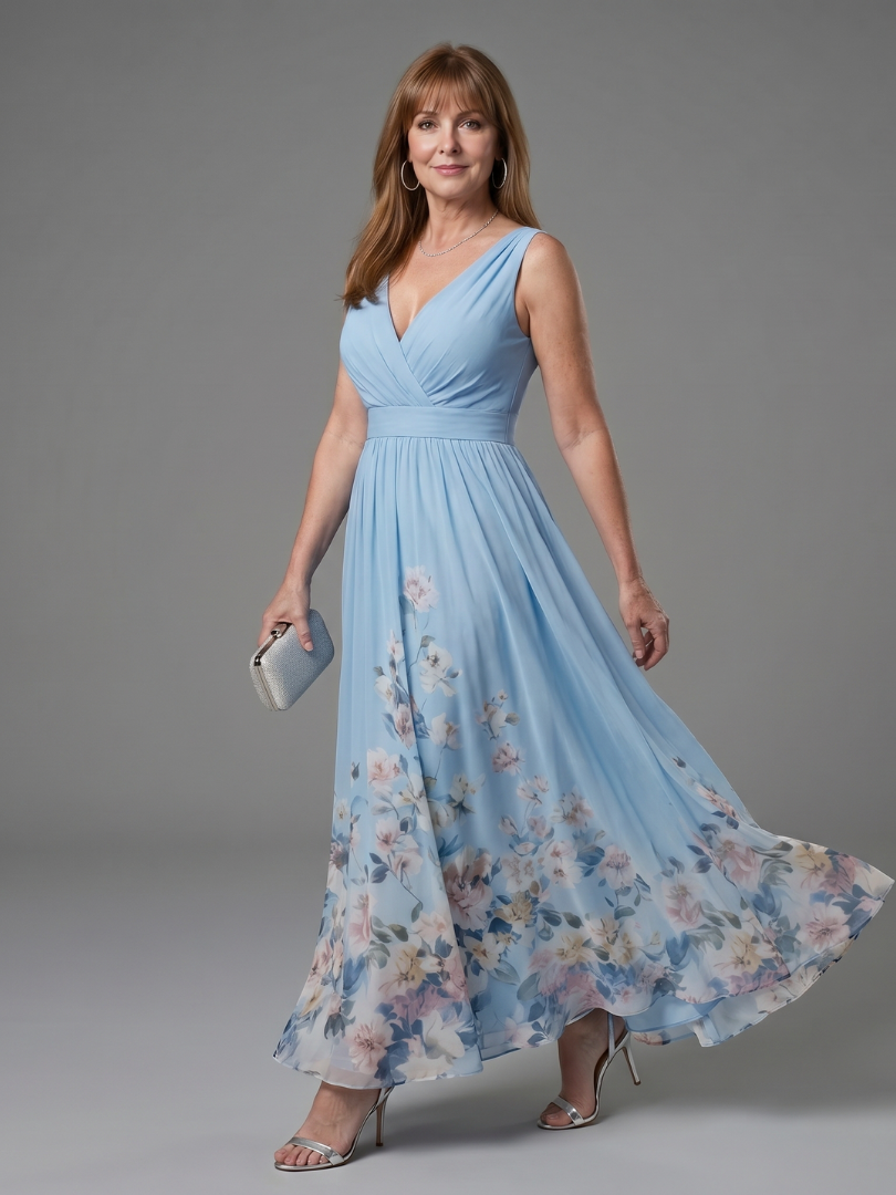 Clarissa | Ärmelloses Midikleid mit V-Ausschnitt und weichem Blumensaum - Himmelblau - - DUUWE