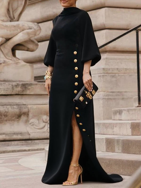 Maxikleider mit Stehkragen, lockeren Puffärmeln, geknöpft und seitlich geschlitzt - SCHWARZ - Maxi Dress - Concept Fashionlab