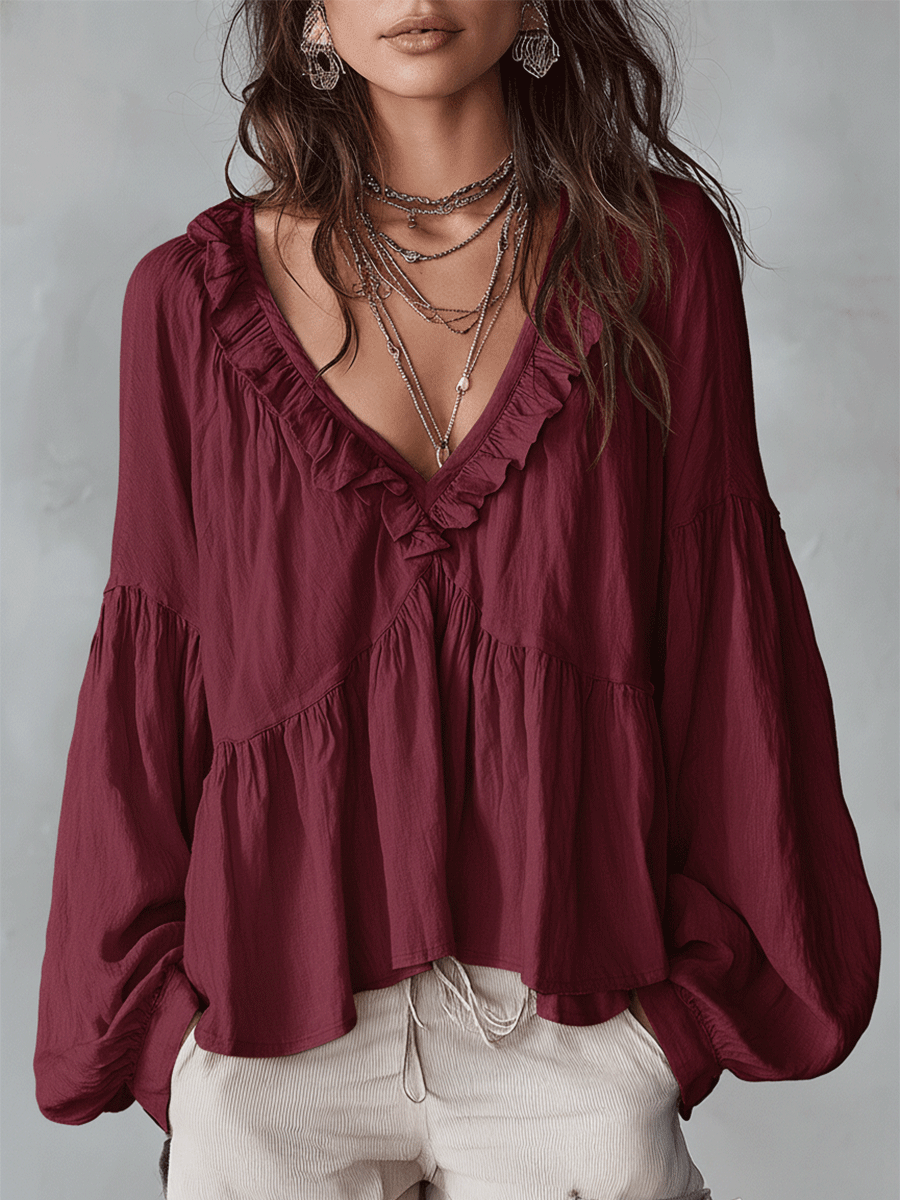 Damen Luftige, vintage-inspirierte Boho-Bluse mit weichen Rüschen - Rot - Damen > Blusen - Concept Fashionlab