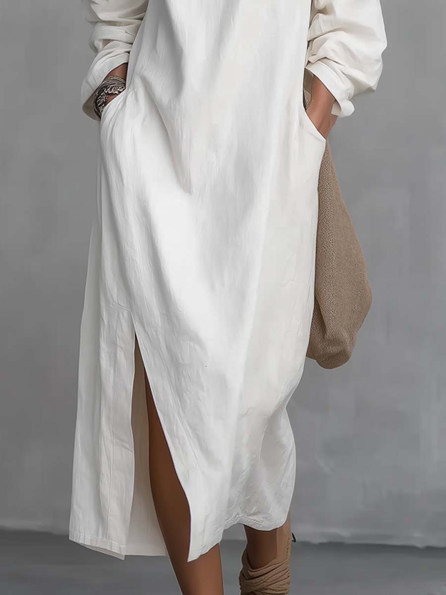 Lockeres Kleid mit einseitigem Träger, Saumschlitz, aus Baumwoll-Leinen-Mischung, Midikleid - - Midi Dress - Concept Fashionlab
