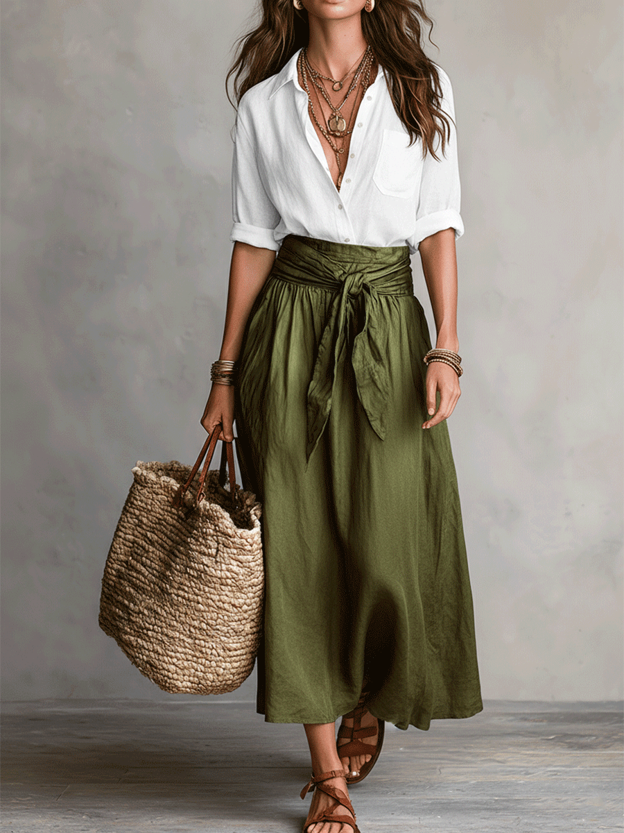 Müheloser Boho-Look: Schwarze Bluse und olivgrüner Satin-Midi-Rock im Set - Grün - Blouse - Concept Fashionlab