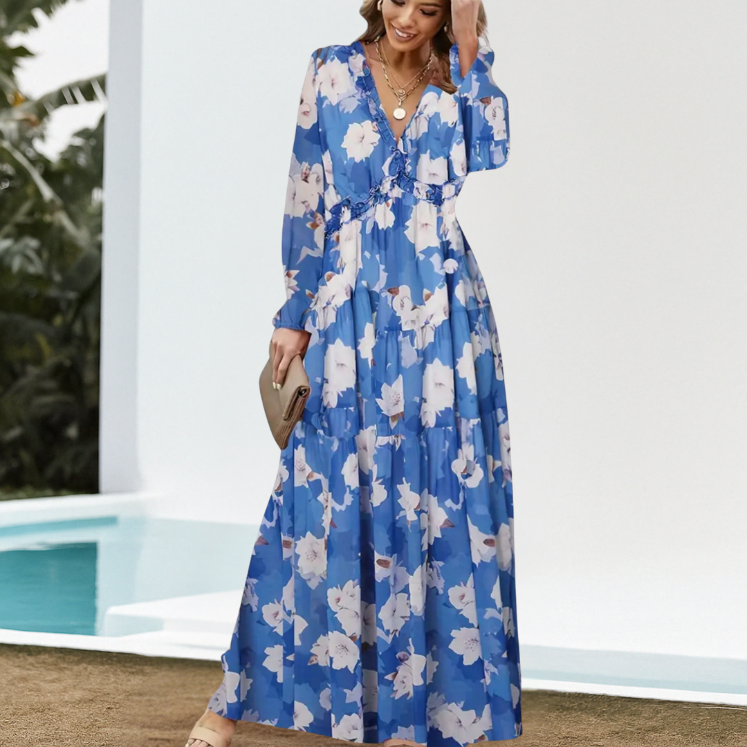 Juliana – Elegantes Blumenkleid - Blau - - Cow Clothing