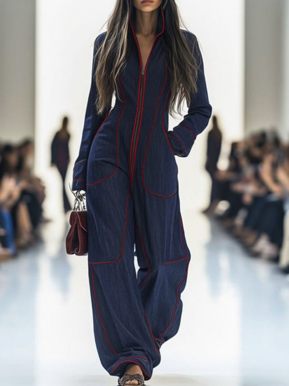 Overall mit Langarm, weitem Bein, Reißverschluss und Stehkragen - TIEFBLAU - Jumpsuits - Concept Fashionlab