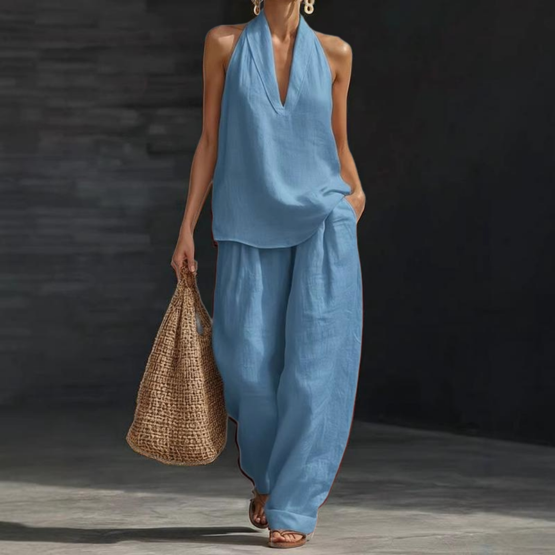 Ainhoa | Kombi-Set aus entspanntem Tanktop und Hose mit weitem Bein - Hellblau - - Cow Clothing