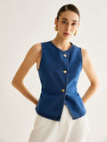 Elara Asymmetrische Denim-Weste mit Knöpfen