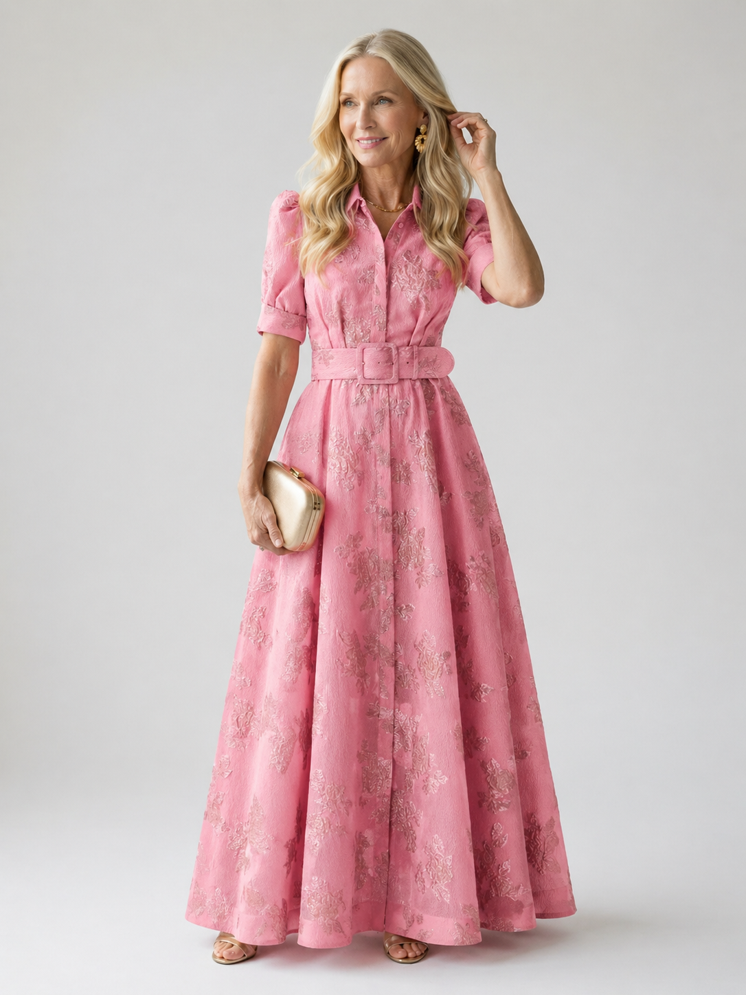 Geblümtes Maxikleid mit Gürtel - Rosa - - DUUWE