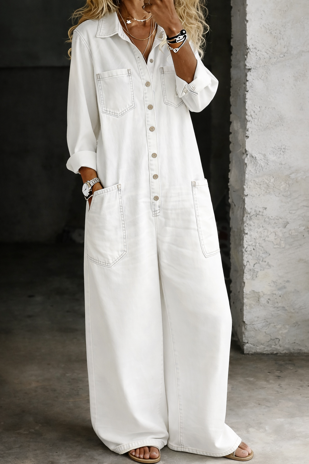 Lena | Lässiger Komfort Jumpsuit - Weiß - - Denim Collection