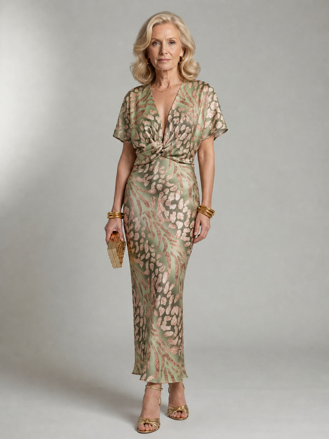 Abstraktes Print-Midikleid mit V-Ausschnitt und verdrehter Taille - - - DUUWE