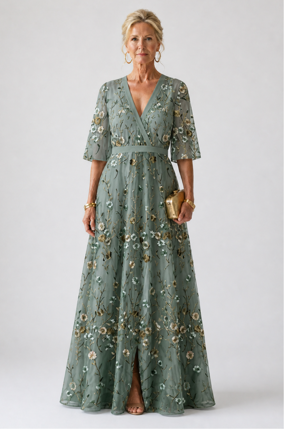Kurzärmliges Maxikleid mit Blumenmuster und V-Ausschnitt - - - DUUWE