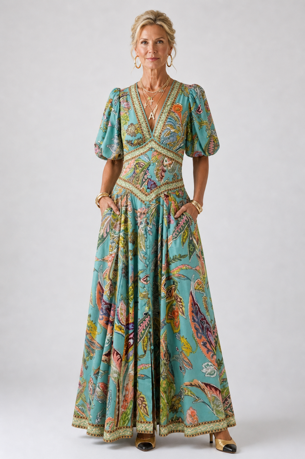 Luftiges Maxikleid mit Puffärmeln und V-Ausschnitt - - voor vrouwen - DUUWE