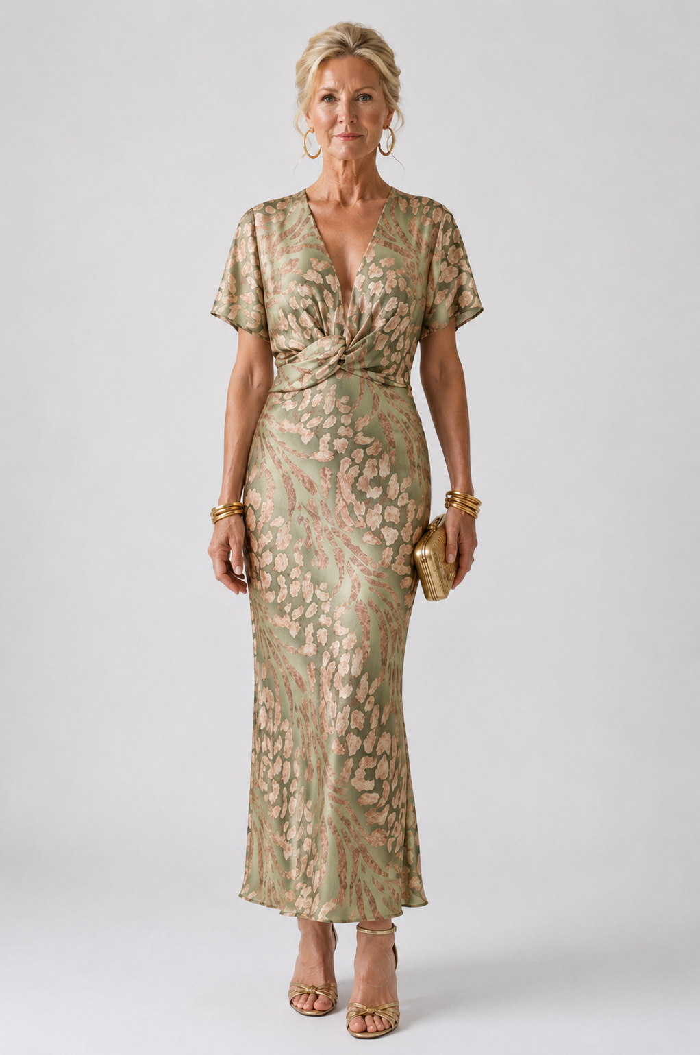 Abstraktes Print-Midikleid mit V-Ausschnitt und verdrehter Taille - - - DUUWE