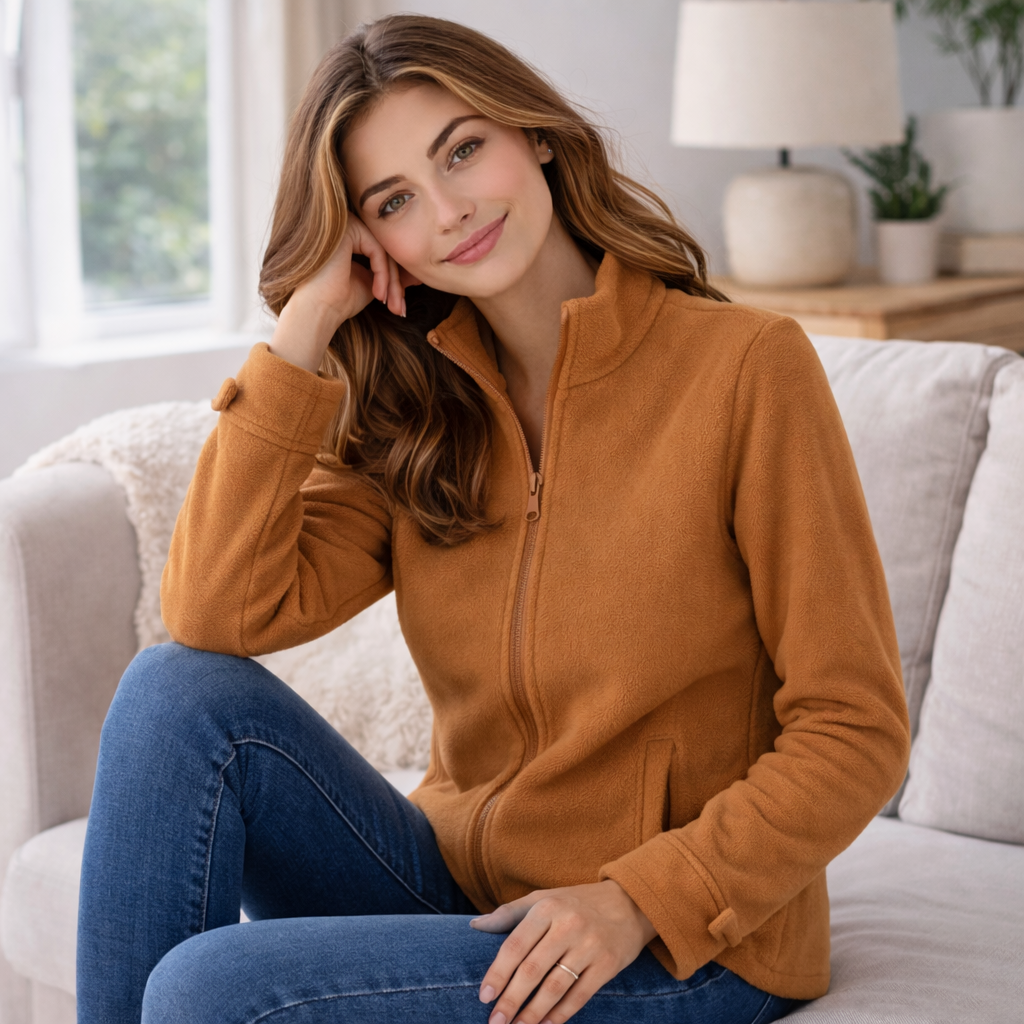 Damen Jacke mit Stehkragen, durchgehendem Reißverschluss und weichem Material