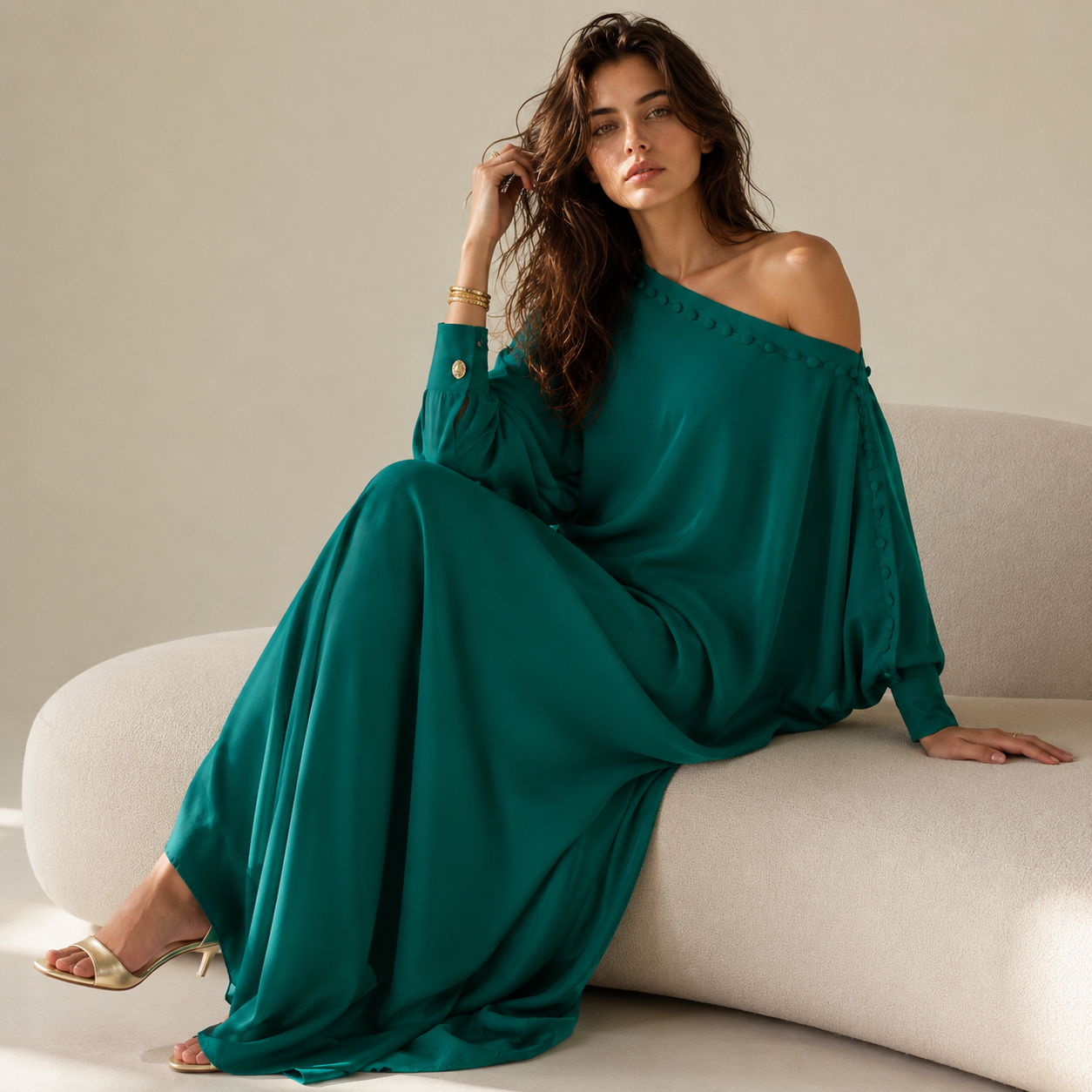 Damen Maxikleid mit lockerer Passform und Knopfdetails - GRÜN - Maxi Dress - Concept Fashionlab