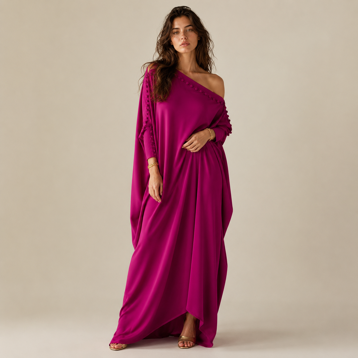 Damen Maxikleid mit lockerer Passform und Knopfdetails - - Maxi Dress - Concept Fashionlab