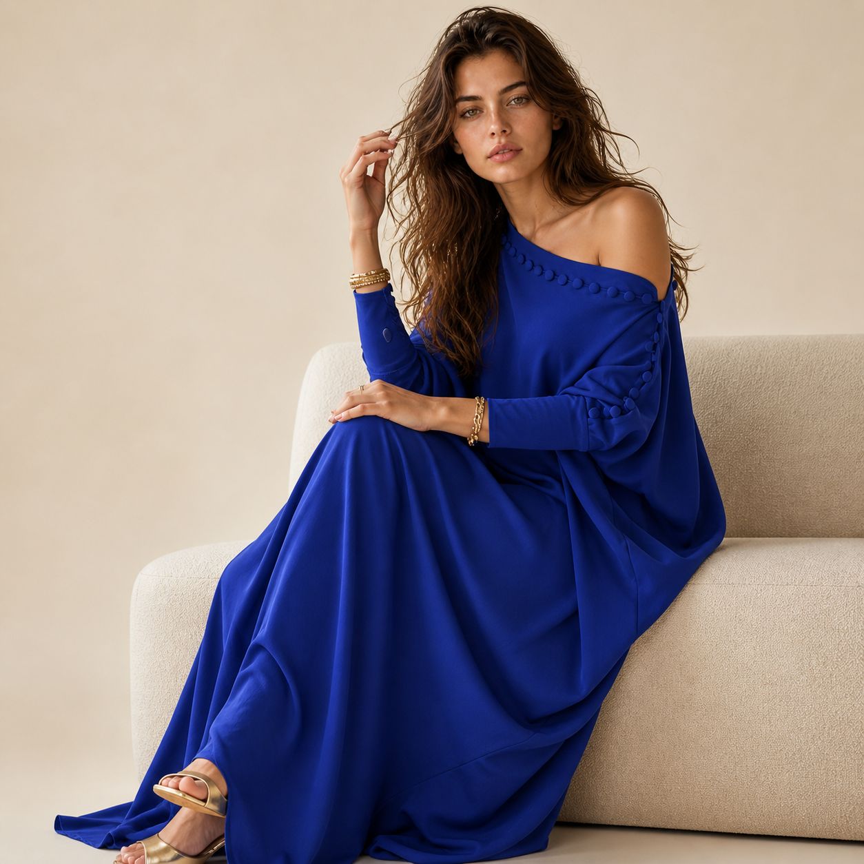Damen Maxikleid mit lockerer Passform und Knopfdetails - BLAU - Maxi Dress - Concept Fashionlab