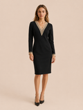 Damen Midikleid mit V-Ausschnitt und Kontrastbesatz – Langarm Kleid