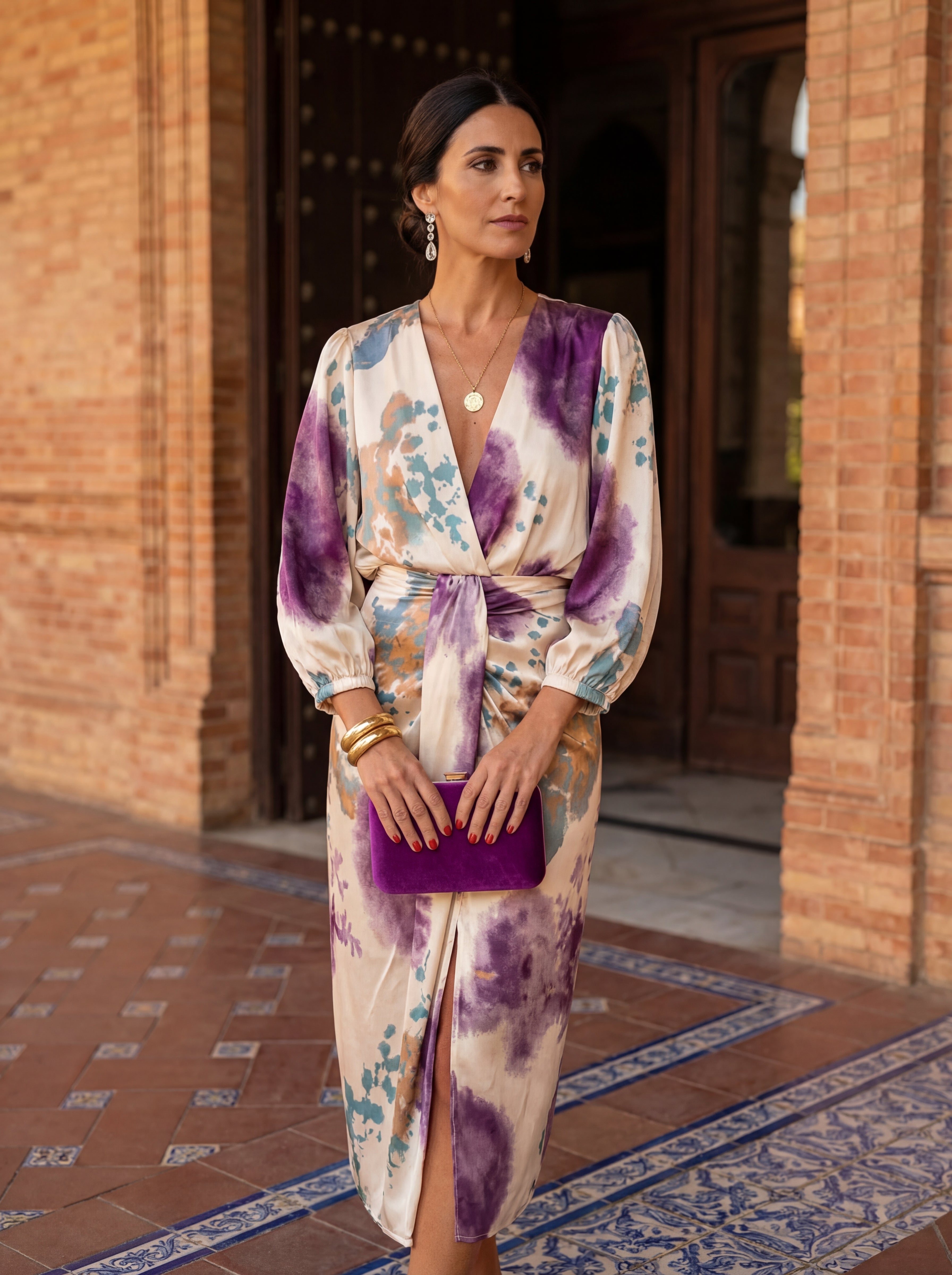 Valeria – Elegantes Kleid mit V-Ausschnitt - Violette Seide - - DUUWE