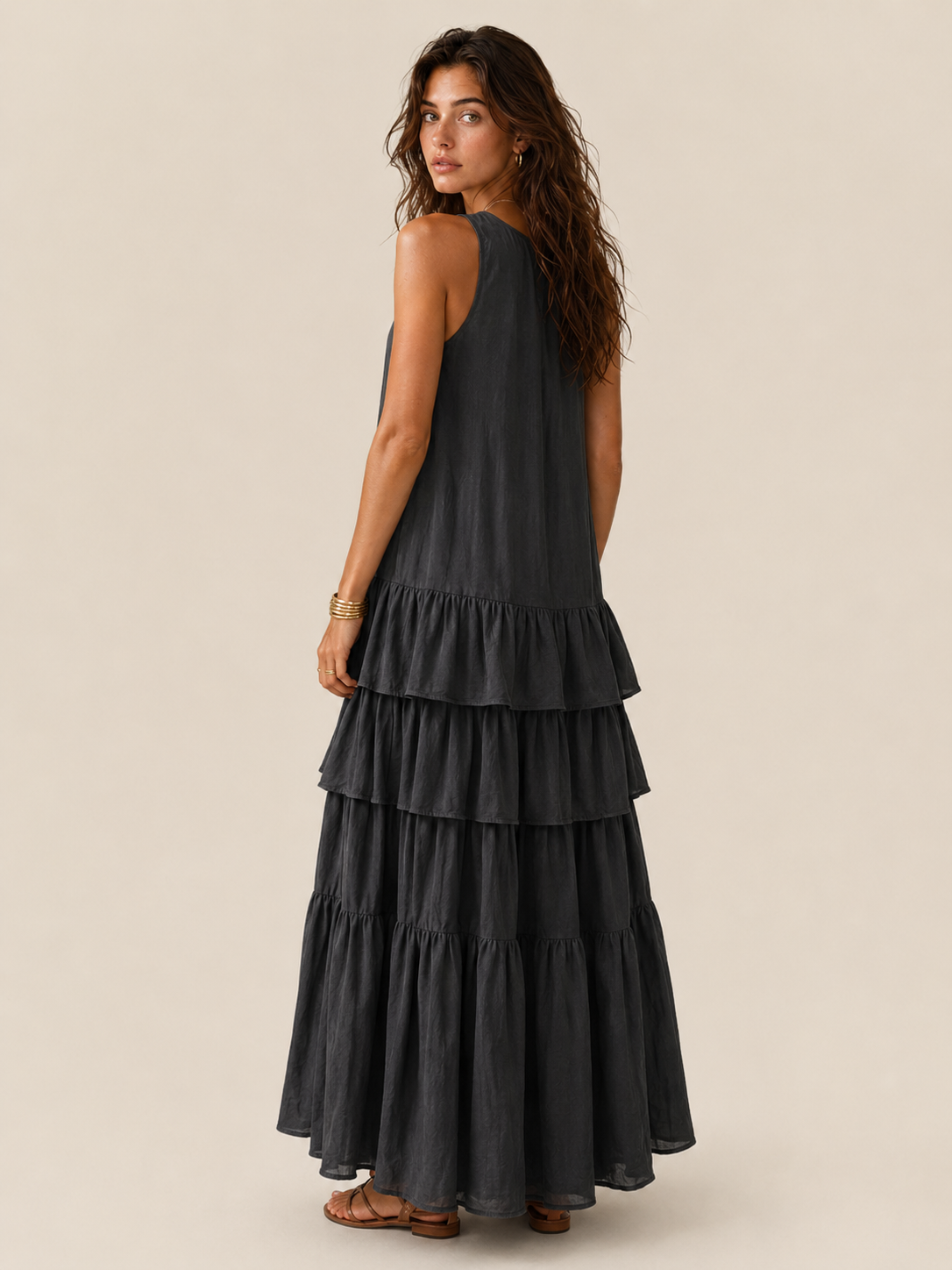 Elegantes graues romantisches mehrlagiges Langkleid mit Rüschen - - Dress - Concept Fashionlab