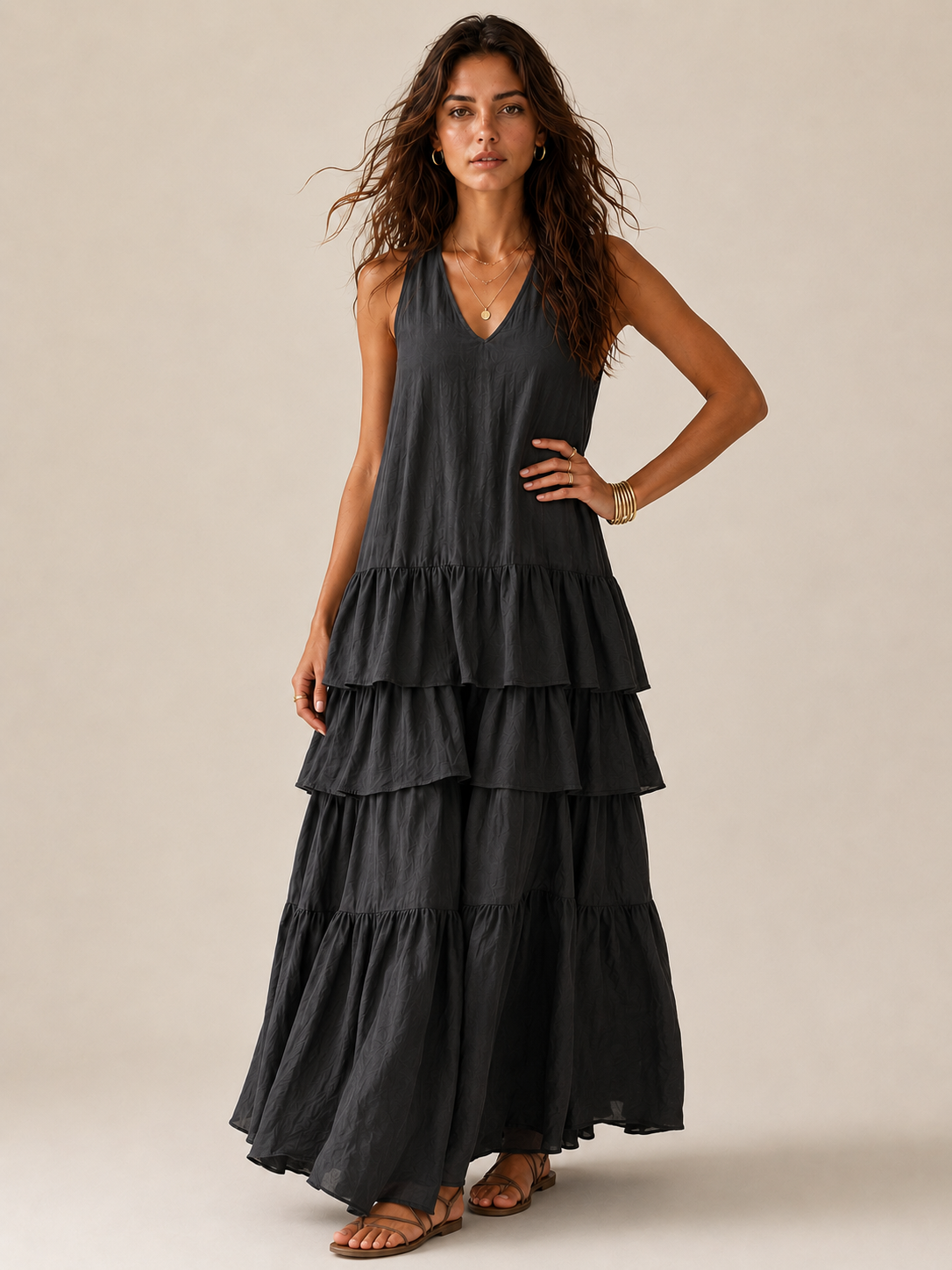Elegantes graues romantisches mehrlagiges Langkleid mit Rüschen - - Dress - Concept Fashionlab