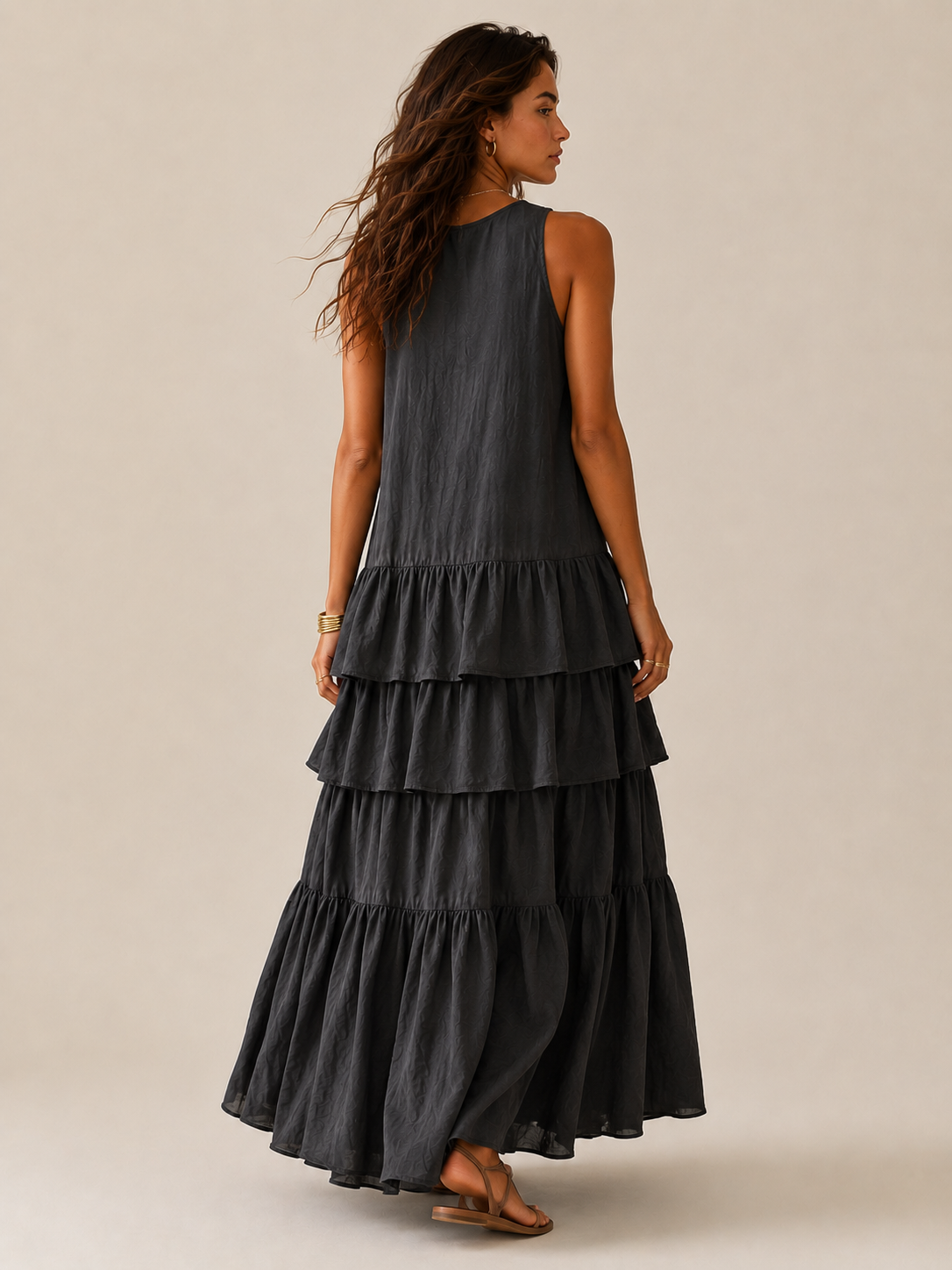 Elegantes graues romantisches mehrlagiges Langkleid mit Rüschen - - Dress - Concept Fashionlab
