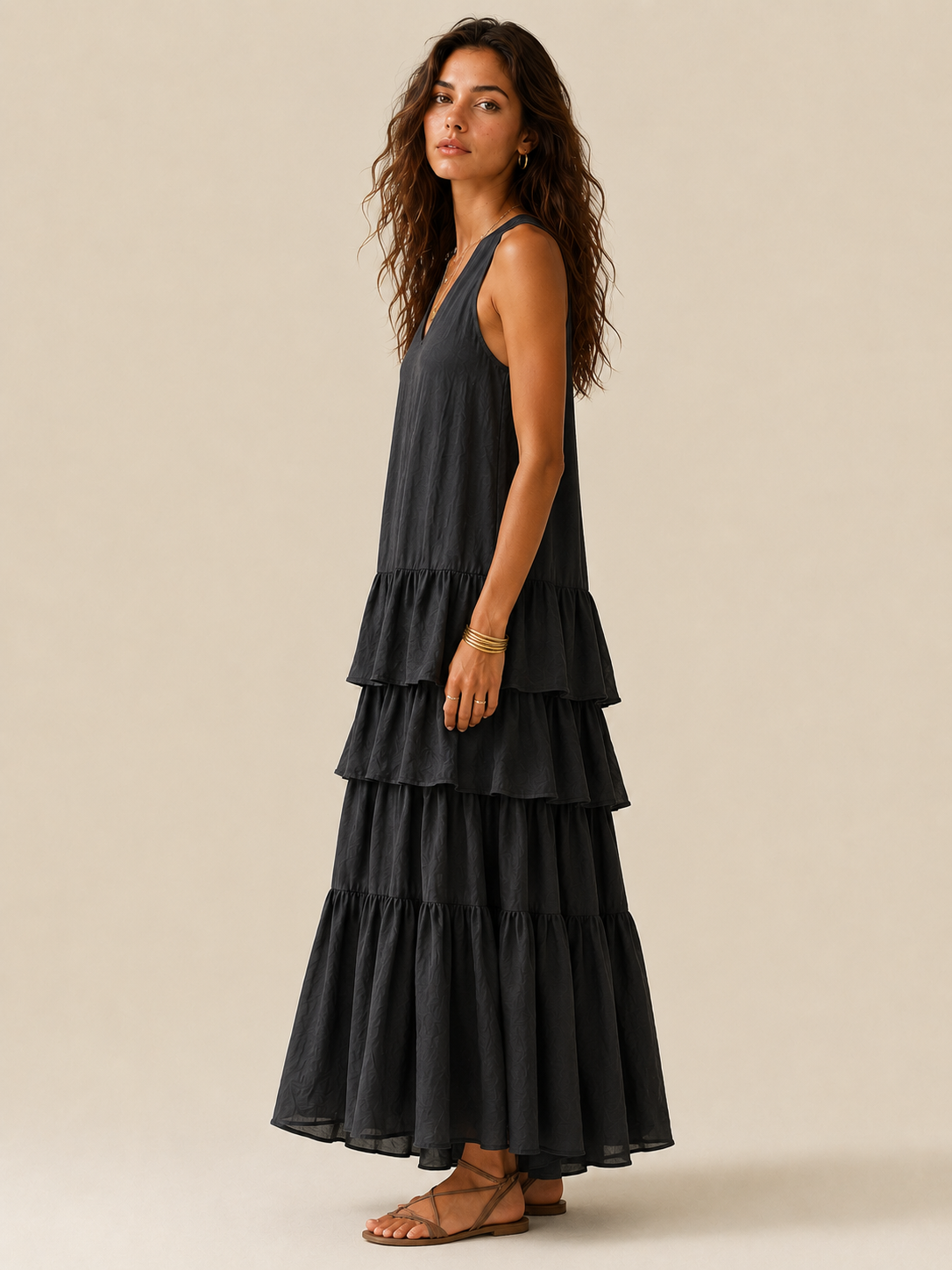 Elegantes graues romantisches mehrlagiges Langkleid mit Rüschen - - Dress - Concept Fashionlab