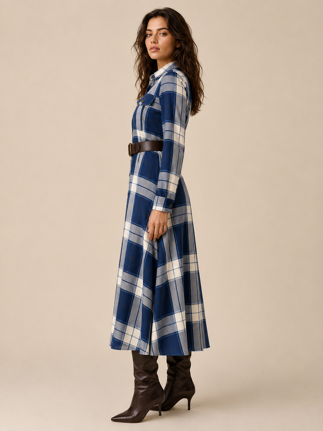 Elegantes zeitloses kariertes Maxikleid - Blau - Plaid Maxi Dress - Concept Fashionlab Boutique