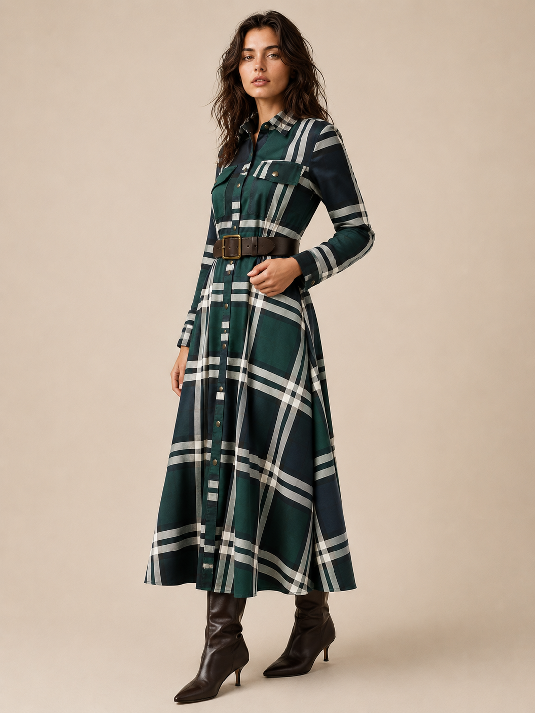 Elegantes zeitloses kariertes Maxikleid - Grün - Plaid Maxi Dress - Concept Fashionlab Boutique