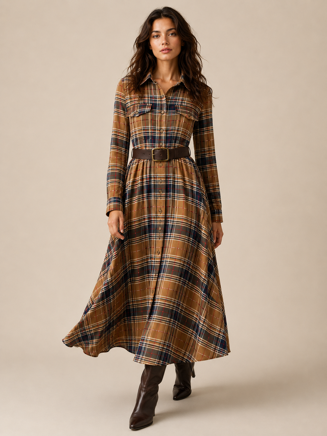 Elegantes zeitloses kariertes Maxikleid - Braun - Plaid Maxi Dress - Concept Fashionlab Boutique