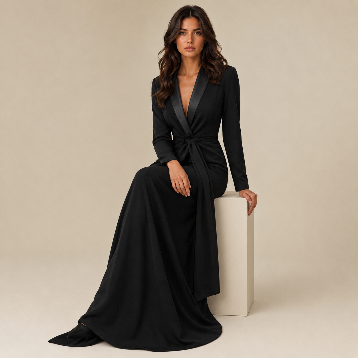 Eng anliegende, einfarbige Langarm-Maxikleider mit tiefem V-Ausschnitt - - Maxi Dress - Concept Fashionlab
