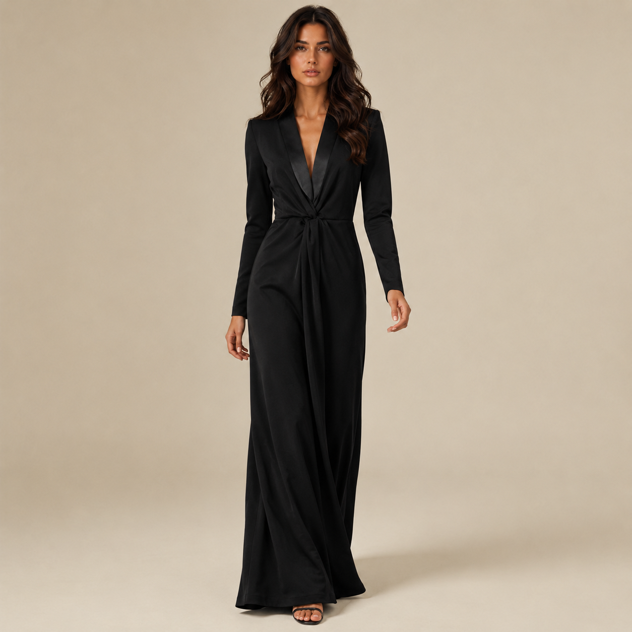 Eng anliegende, einfarbige Langarm-Maxikleider mit tiefem V-Ausschnitt - - Maxi Dress - Concept Fashionlab