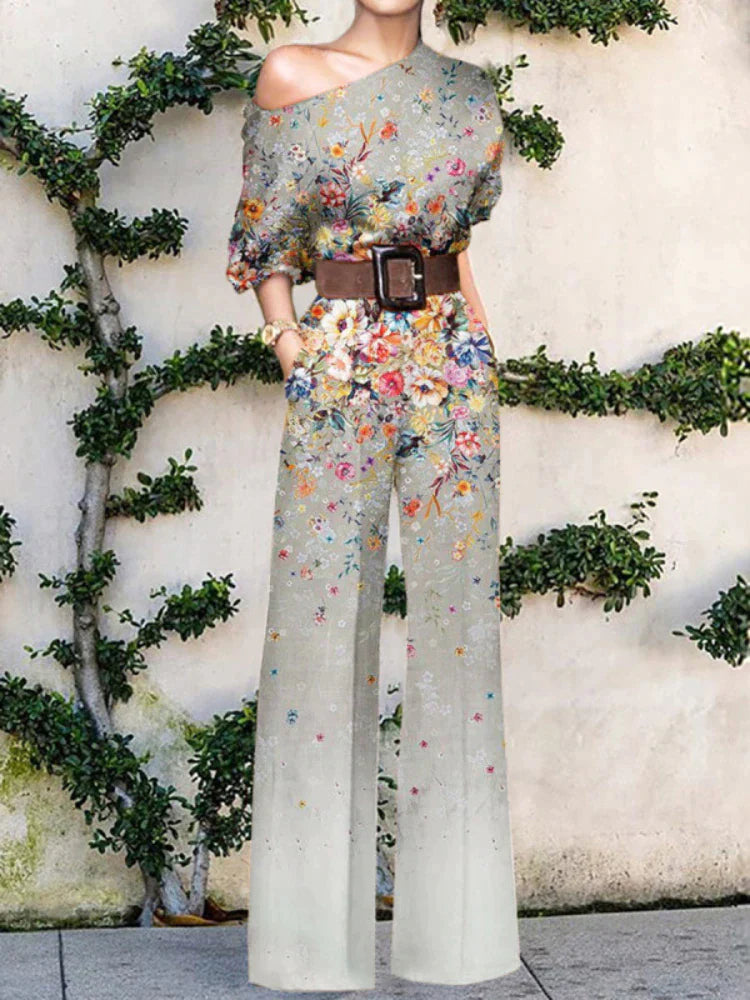 Nova - künstlerischer Jumpsuit - Beige mit Blüten-Verlauf - Jumpsuit - Concept Fashionlab Boutique
