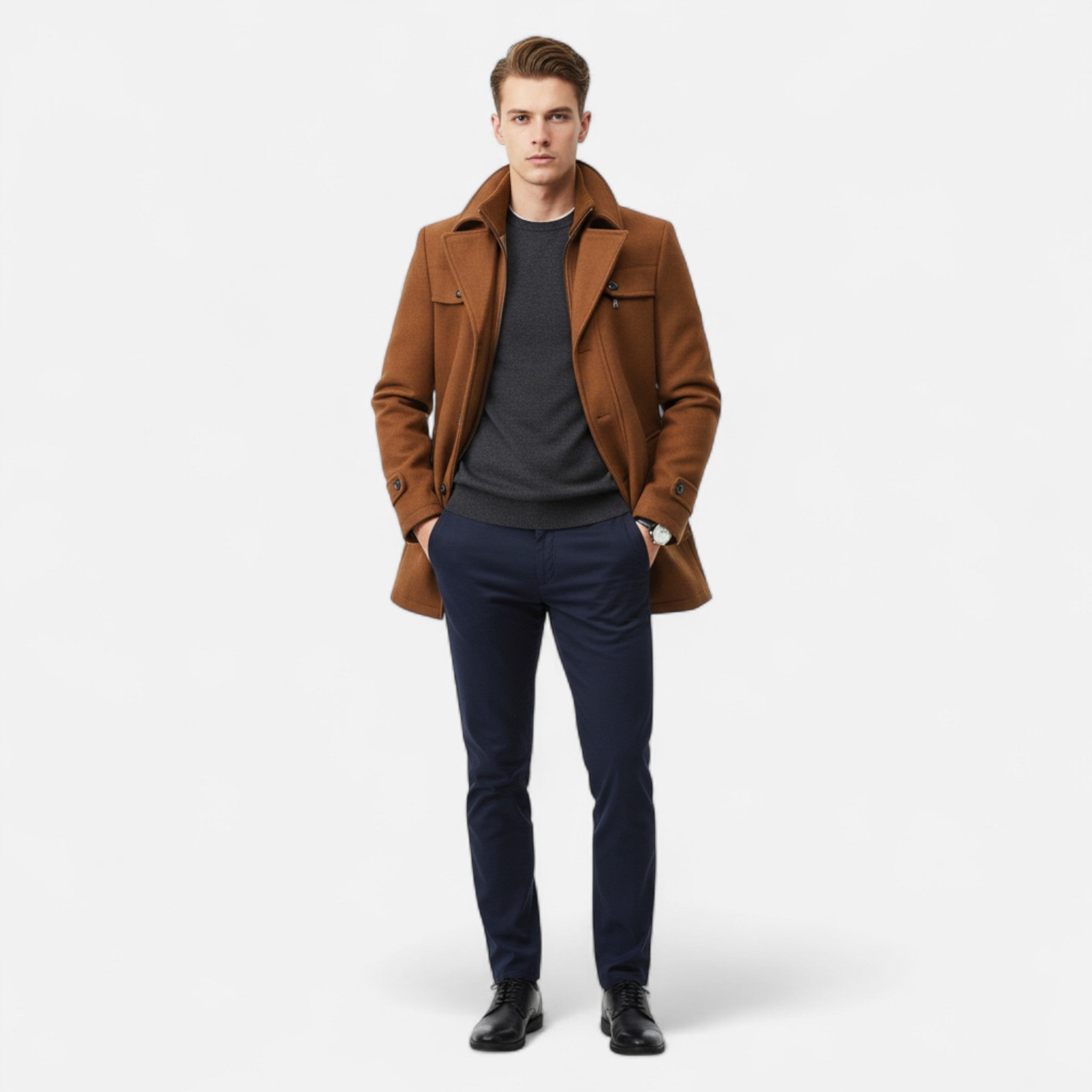 Eleganter Herren Woll-Trenchcoat – Doppelkragen & Reißverschluss - - Men > Coats - Ancienne Monde