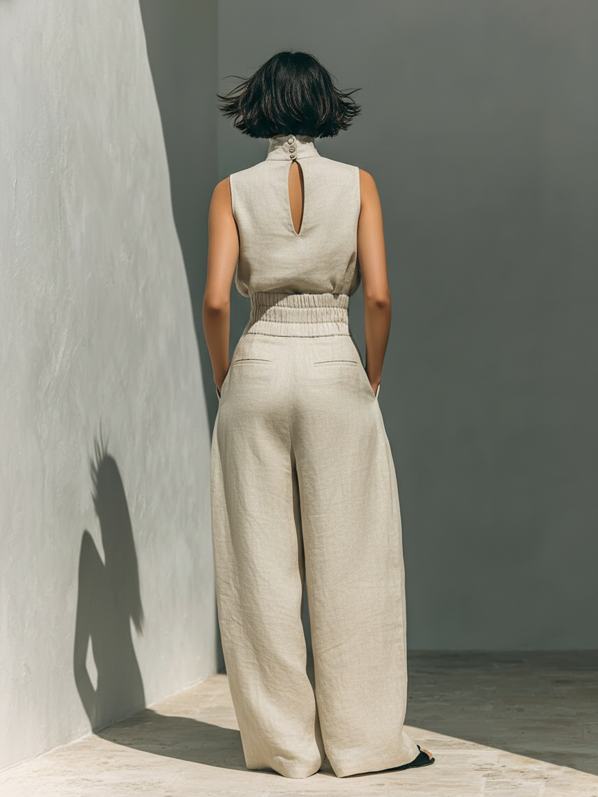 Maria™ | Komplettset mit Tanktop und weiter Baumwoll-Leinenhose - - - Cow Clothing