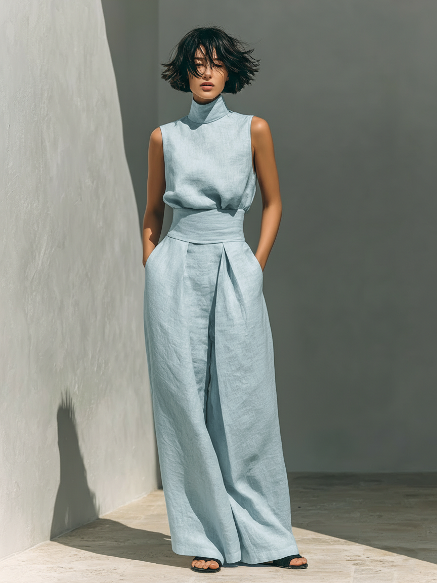 Maria™ | Komplettset mit Tanktop und weiter Baumwoll-Leinenhose - Hellblau - - Cow Clothing