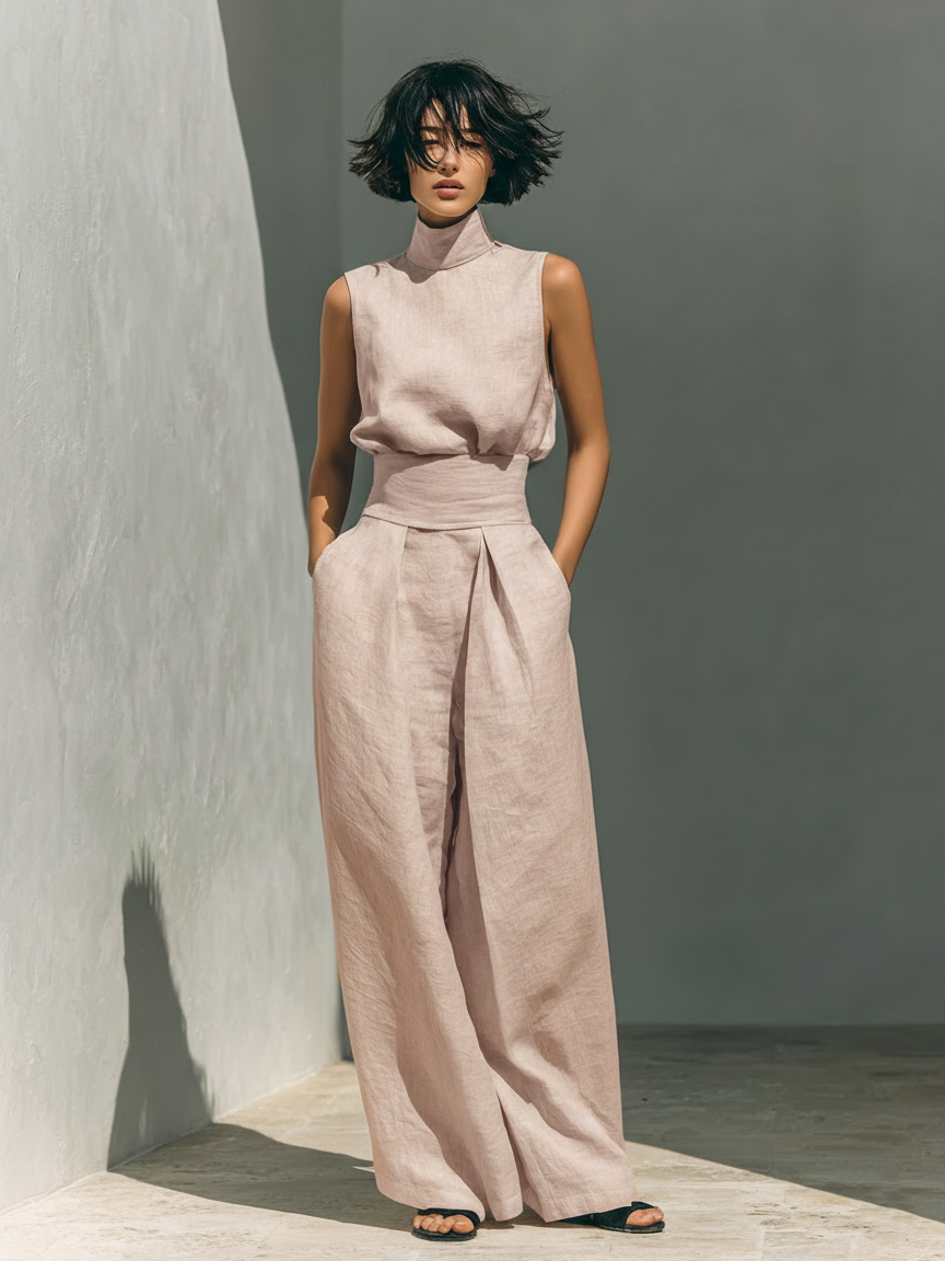 Maria™ | Komplettset mit Tanktop und weiter Baumwoll-Leinenhose - Hellrosa - - Cow Clothing