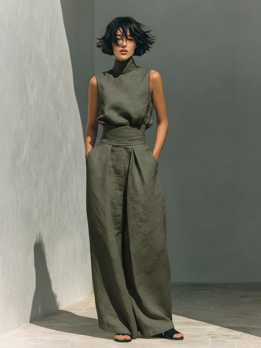 Maria™ | Komplettset mit Tanktop und weiter Baumwoll-Leinenhose - Militärgrün - - Cow Clothing