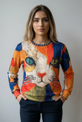 Mutiges Künstlerisches Katzen-Print-Statement-Top Damen