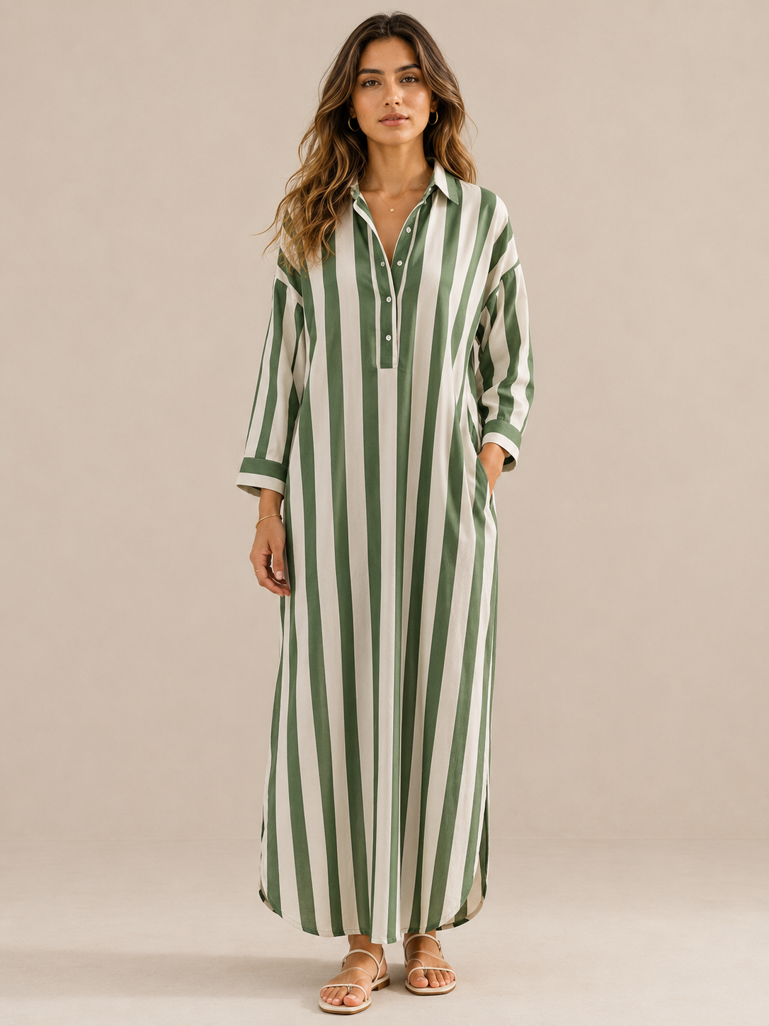 Lässiges gestreiftes Shirt Boho-Stil Maxi-Kleid - Grün - Shirt - Concept Fashionlab