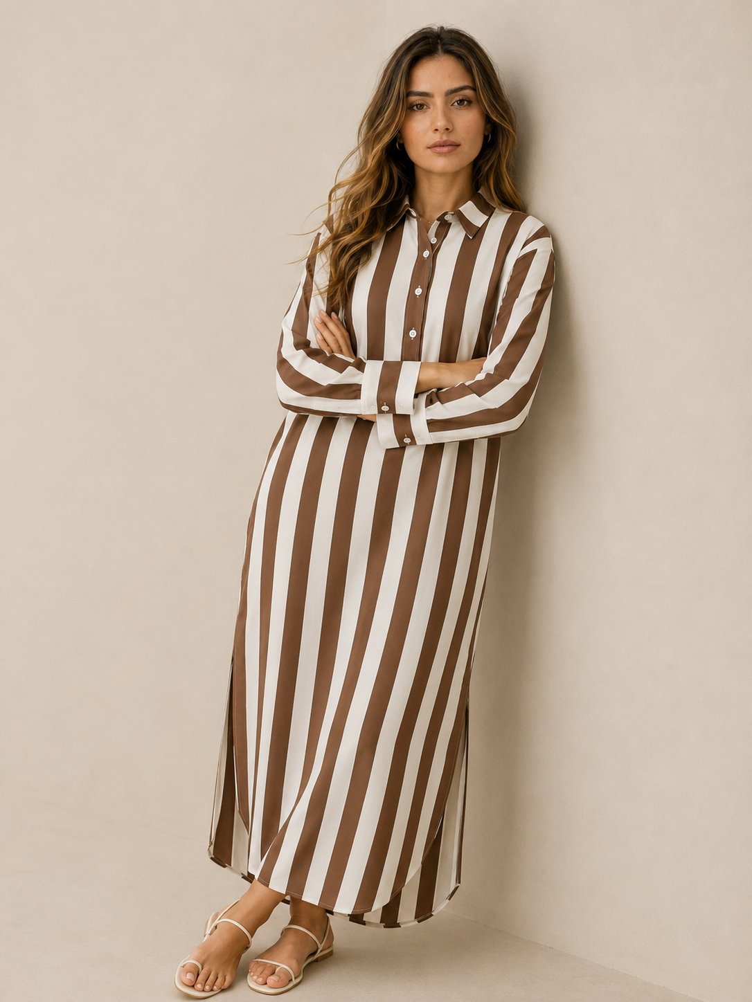Lässiges gestreiftes Shirt Boho-Stil Maxi-Kleid - Braun - Shirt - Concept Fashionlab