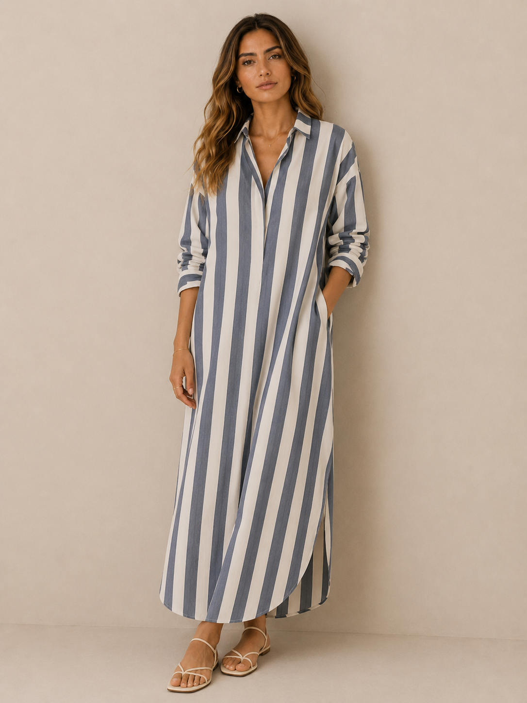 Lässiges gestreiftes Shirt Boho-Stil Maxi-Kleid - Elfenbein - Shirt - Concept Fashionlab