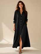 Soline | Lockeres Schwarzes Maxikleid mit Knöpfen - Schwarz - Maxi Dress - Cow Clothing